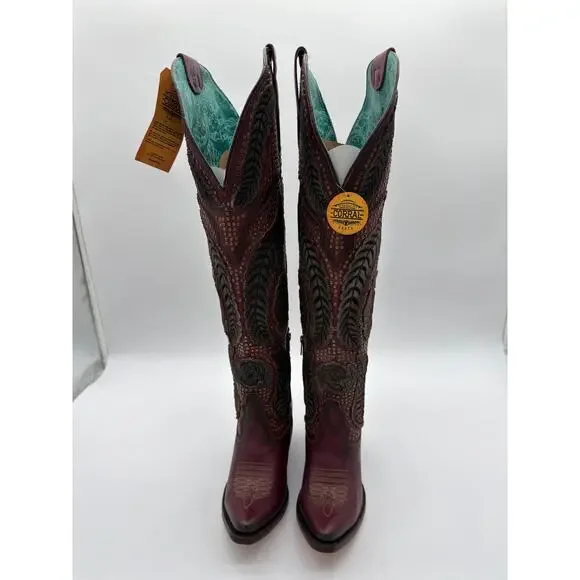 Corral Western Dark Pink Maroon Artisan Denim Embroidery OTK Stud Boot A4703 8